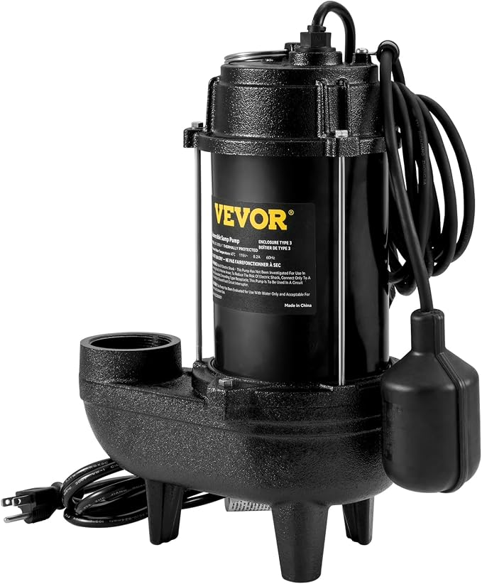 VEVOR 3/4 HP Submersible Sewage Pump, Cast Iron Submersible Sump Pump, Wear-proof Cast Iron Construction, with Tethered Float Switch, 10 FT Power Cord