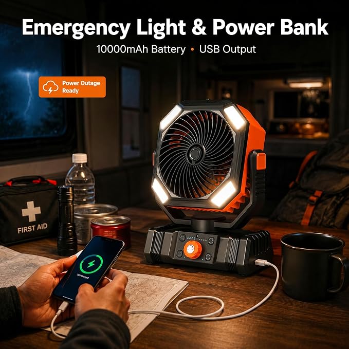 Portable Camping Fan with LED Lantern, 10000mAh Rechargeable Battery Operated Outdoor Fan with Remote, Auto Oscillating Portable Misting Fan with Hanging Hook for Tent, ABS, Orange & Black
