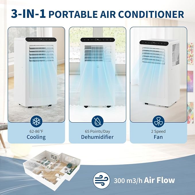10000 BTU Portable Air Conditioners, Portable AC Unit for Room Up to 450 Sq.Ft, Cooling, Dehumidifier & Fan Modes, Remote Control, Dust Filter, 50 dB Quiet Operation, for Bedroom Office Apartment