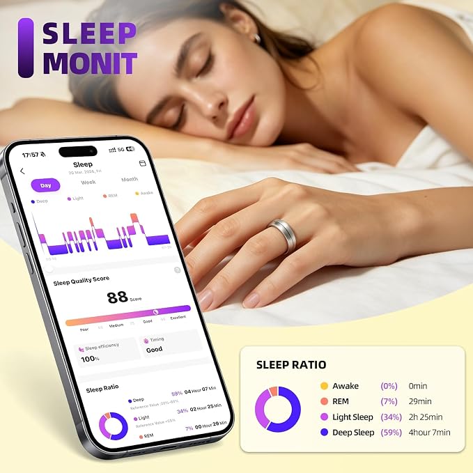 Smart Ring for Women Men, AI Health Fitness Tracker with Sleep, Heart Rate, HRV, Stress, Gesture Photo, IP68 Waterproof, No Subscription, iOS Android (Matte Sliver,12)
