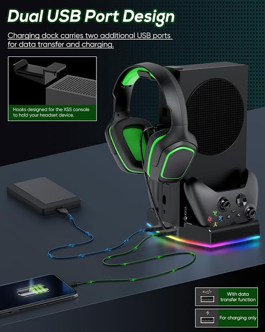 Cooling Stand & Charging Station for Xbox Series S with RGB Light Strip,Dual Controller Charger & Cooler Fan for XSS Console Accessories with 2*1400mAH Rechargeable Battery Pack,1*Headphone Hook,Black