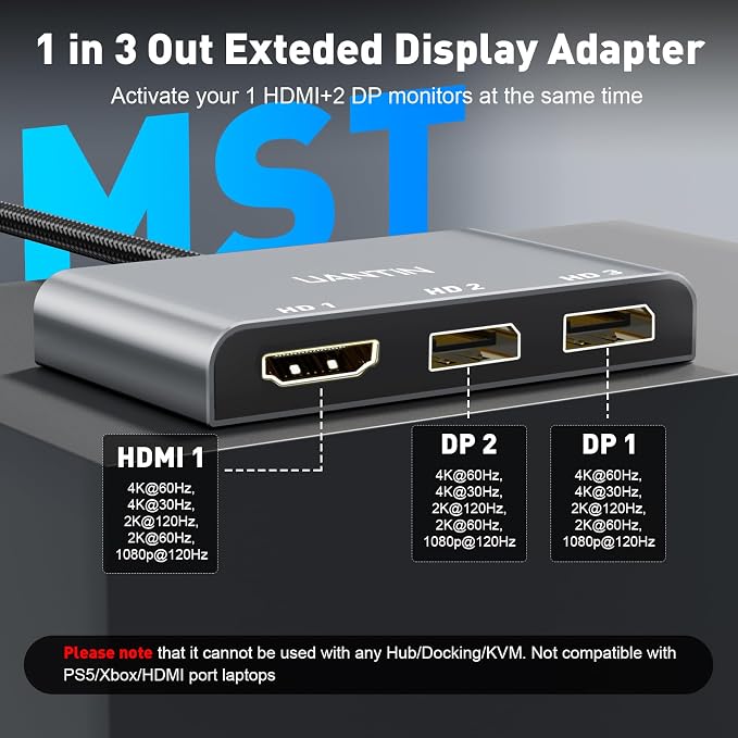 UANTIN DisplayPort to Dual DisplayPort with HDMI Splitter for 3 Monitors Extended Display Adapter 4K@60Hz 1 in 3 Out MST Hub for Multiple Monitor DP Compatible with NVIDIA/AMD Graphic Card