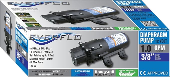 Everflo EF1000-BOX 12V Diaphragm Pump with 3/8" Hose Barb Ports, 1.0 Gpm