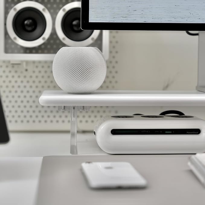 Bamboo Monitor Stand Riser with Acrylic Legs for Desk, 31.5 Inches Desktop Shelf Supports for PC Computer Monitor, Laptops, Printer, Speakers (White)