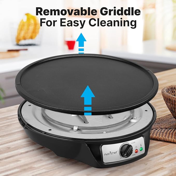 NutriChef Crepe Maker - Cooks Bacon, Roti, Tortillas & Omelets - Easy to Clean Detachable Cooktop - 12 inch Cook Area with Adjustable Temperature - Includes Wooden Spatula & Batter Spreader