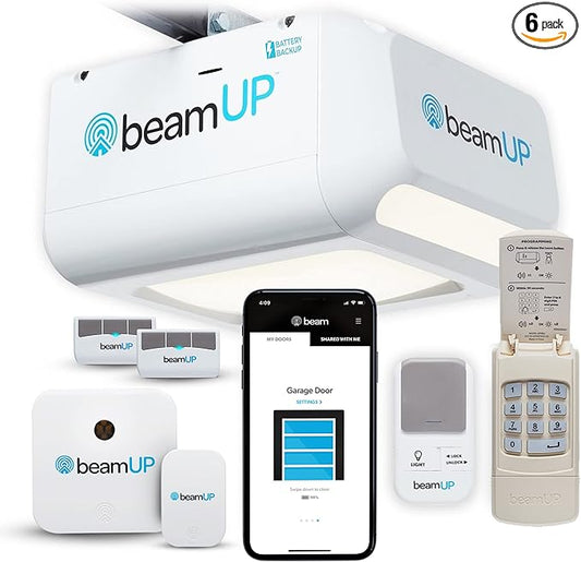 beamUP The Volta - BU850 - Two Car Garage Door Opener with Battery Backup, Smart Home Garage Opener - Alexa Enabled, Garage Security Sensors Included, No Subscription Fees - White