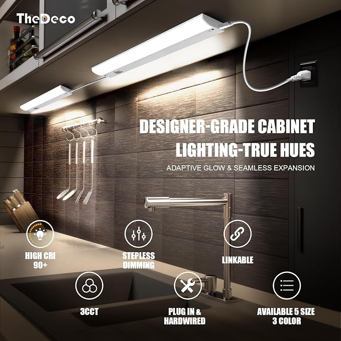 12 Inch LED Under Cabinet Light, Plug in Kitchen Lighting, 3CCT Selectable (3000K/4000K/5000K), CRI94 High Color Accuracy, Linkable, Slim Design, Matte White