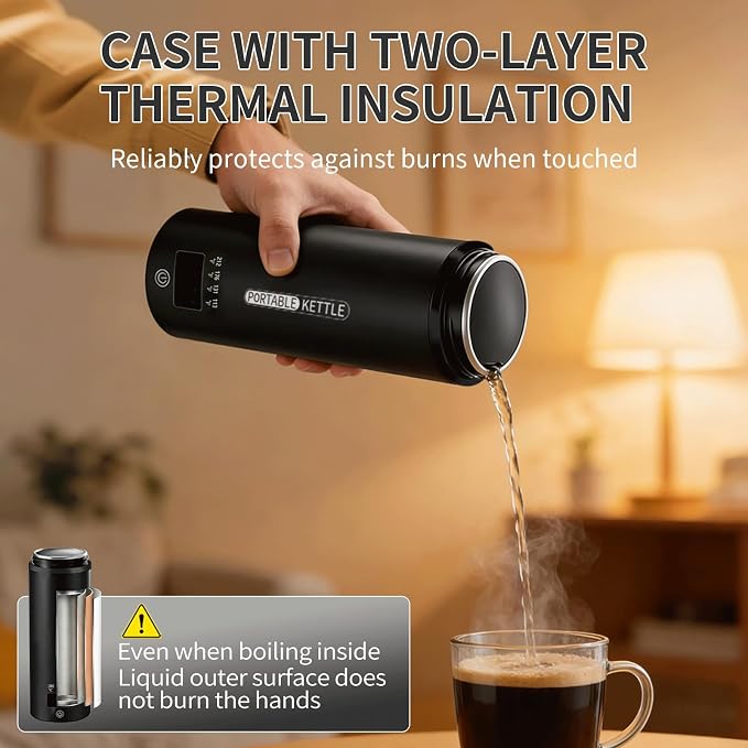 Travel Electric Kettle Small, Smart Water Bottle with 4 temperature control, 450 mL Portable Self Heating Kettle with Leak-Proof for Dormitories, Offices, Business Travel Hotels, 120V