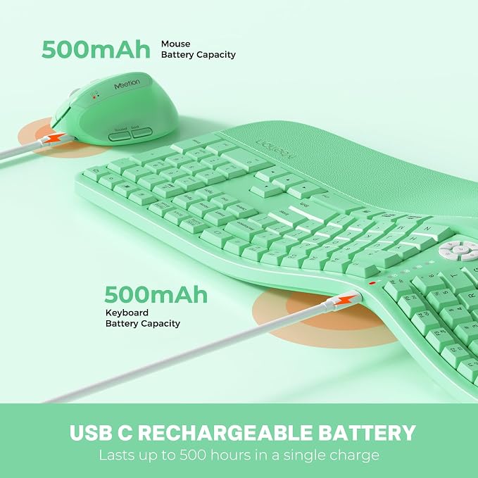 MEETION Ergonomic Keyboard and Mouse, Wireless Keyboard with Vertical Mouse, Split Curved Keyboard with Wrist Rest, Natural Typing Full Size, Windows/Mac/Computer/Laptop, Green