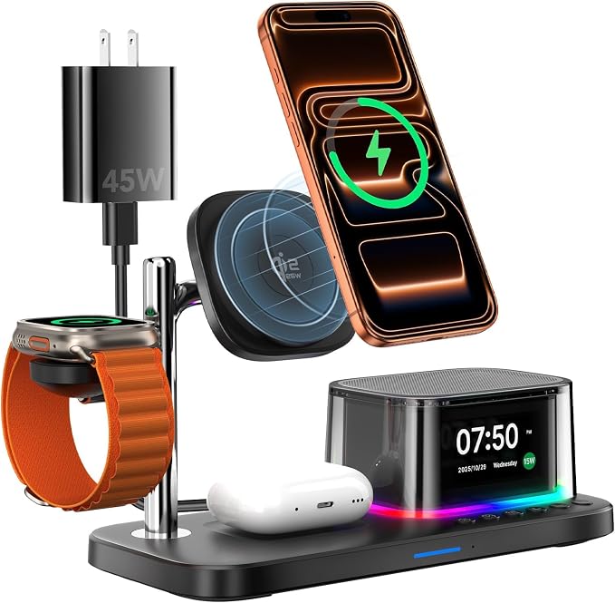 Alarm Clock with Wireless Charging,7 in 1 Charging Station with Night Light,Bluetooth Speakers,Qi2 25W Magnetic Charger for iPhone 17 16 15 14 13 12 Pro Max Plus Apple Watch Airpods,Bedroom