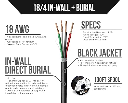 Voltive 18/4 Low Voltage Wire, in-Wall CL3 & Direct Burial, Black, 100ft - 18AWG, 4 Conductors, Stranded Bare Copper, UL Listed - V-1213-3