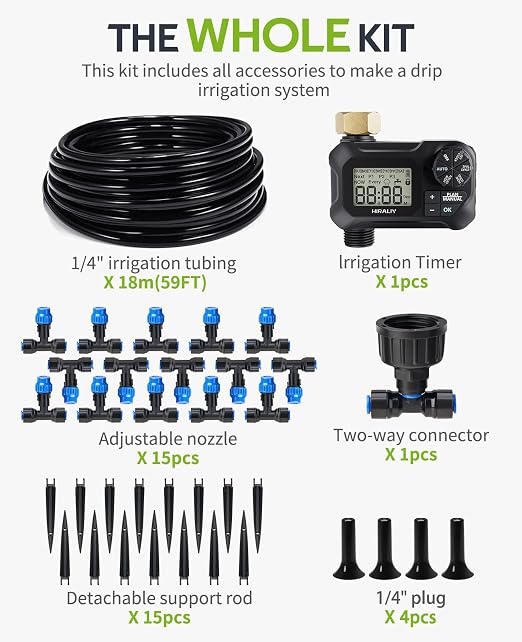 HIRALIY 59FT Drip Irrigation Kit with Water Timer, Quick-Connect Garden Watering System with 15 Adjustable Misting Nozzles, 1/4 in Tubing for Greenhouse, Hanging Plants & Raised Beds