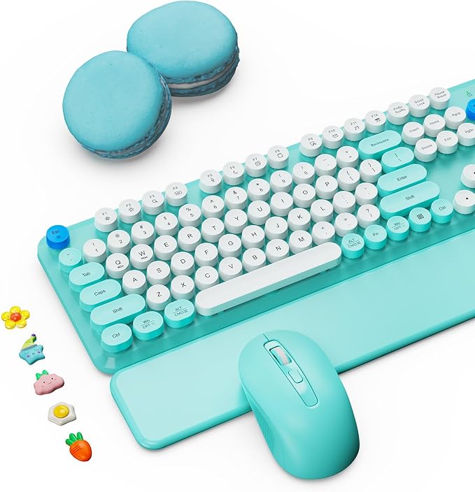 Wireless Keyboard and Mouse Combo with Detachable Magnetic Wrist Rest, Retro Typewriter-Style Keyboard, Round Keycaps, Adjustable Legs, 3-Level DPI Mouse, 2.4GHz for Windows PC/Laptop (Turquoise Blue)