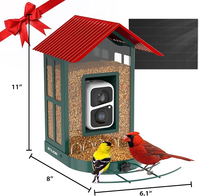 SOLIOM Smart Bird Feeder with Camera for Outdoors, Durable Metal Solar AI Birdhouse, 2K Live View & Instant Alerts, Squirrel-Proof – Complete Bird Watching Gift Set(Red)