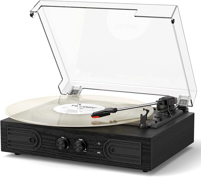 Vinyl Record Player with Built-in Speakers 3-Speed Vintage Record Player Support Treble& Bass Control, 3.5mm Headphone Jack, RCA-Out/Aux in, Belt-Driven LP Turntable,Black Wood