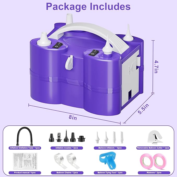 FLSEPAMB Electric Balloon Pump, 3-in-1 Portable Electric Air Balloon Blower Machine Balloon Pump 2 Motor Dual Nozzle Balloon Inflator for Latex 260Q Long Foil Balloons Swimming Rings Air Beds