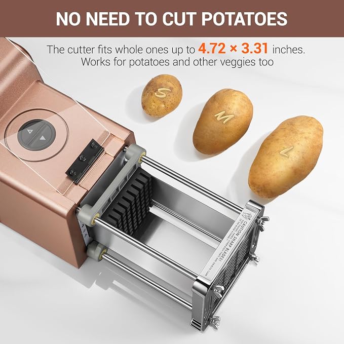 Sopito French Fry Cutter Electric Vegetable Slicer Stainless Steel with 3 Blades 1/4 3/8 1/2 Inch for Potatoes Carrots Onions Apples, Rose Gold