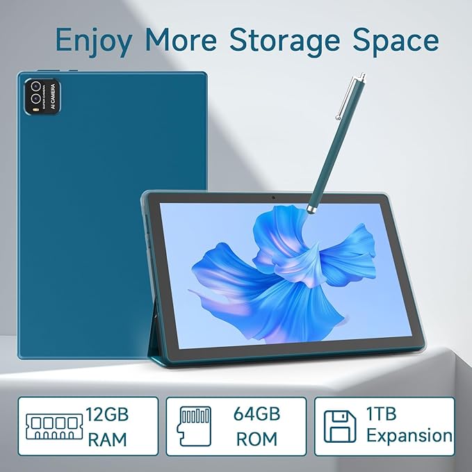 Android table 10 Inch With Tablets protective Case and Stylus Pen android 15 Tablets 5G WiFi-6 1280*800 full HD IPS display 6000mah 64GB ROM+12GB RAM (4+8 Virtual) 1024GB Expansion (Navy blue)