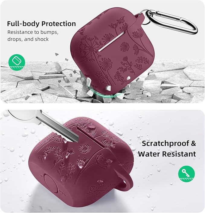 Lerobo Case Cover for Airpods 4, Flower Engraved Silicone, Full Protective, Shockproof, Anti-dust, with Cleaner Kit & Keychain, Compatible with Apple Airpods 4 Case for Women, Purplish Red