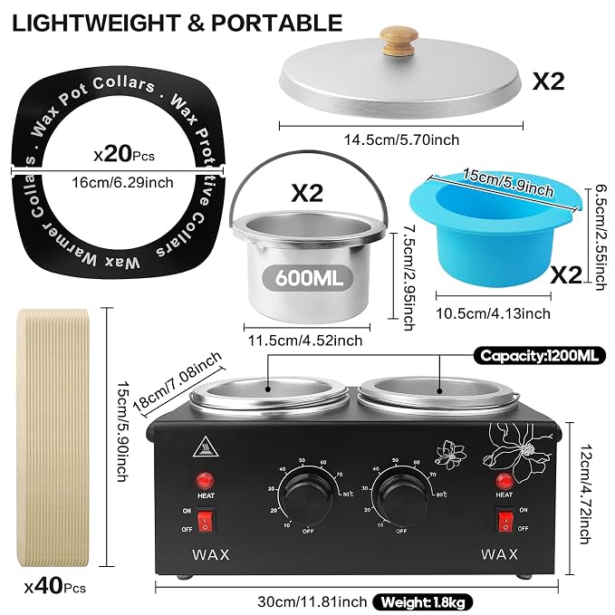 Wax Warmer for Hair Removal, Professional Waxing Heater Pot with Adjustable Temperature for Women Men, with 20 Wooden Wax Sticks (Black-Double Pots)