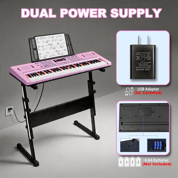Keyboard Piano 61 Lighted Keys, Electric Keyboard Kit with 100 Voices, 100 Rhythms - Built-In Speaker, Microphone, Sheet Stand and Power Supply, Gift for Children Beginners [Pink, Piano with Stand]