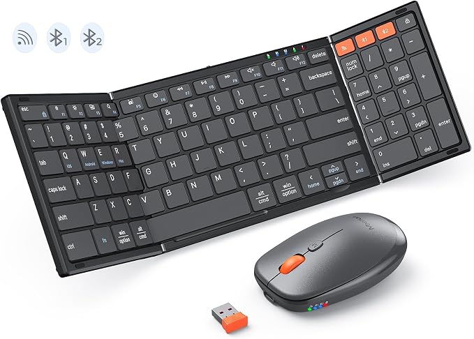 MEETION Foldable Keyboard and Mouse, Portable Folding Wireless Keyboard Mouse, Full Size Rechargeable 2.4G+Dual Bluetooth Keyboards for Business Travel, for Windows/Mac/iOS/Andriod, iPad/Laptop