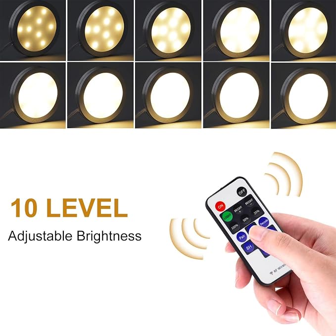 AIBOO Linkable Under Cabinet LED Lighting 12V Dimmable Puck Lights Hardwired with Wireless RF Remote Control for Kitchen Mood Lighting(8 Lights, Warm White, NO Wall Plug)