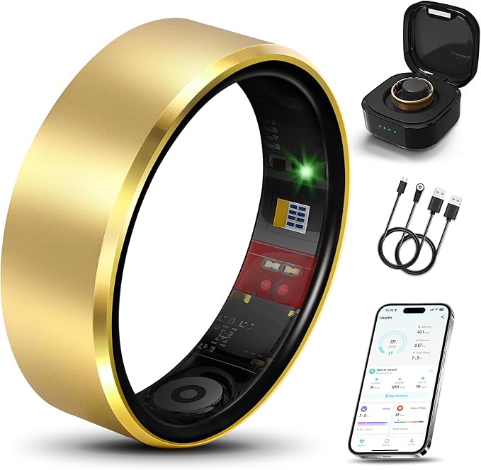 Smart Ring 2.0 for Women Men, Slim Scratch & Fingerprint Resistant Design, Advanced Chip Fitness Tracker, Sleep, Stress & Activity Monitoring, Waterproof, No Subscription Fees, Gold 9