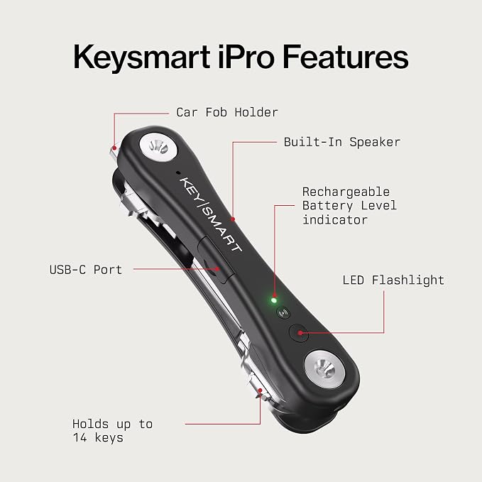 KeySmart iPro - Key Finder Locator with Sound, Keychain Key Holder, Apple Find My App Compatible, Key Organizer, Compact Clutter-Free Key Chain Tracker, Rechargeable Battery (Up to 14 Keys, Black)