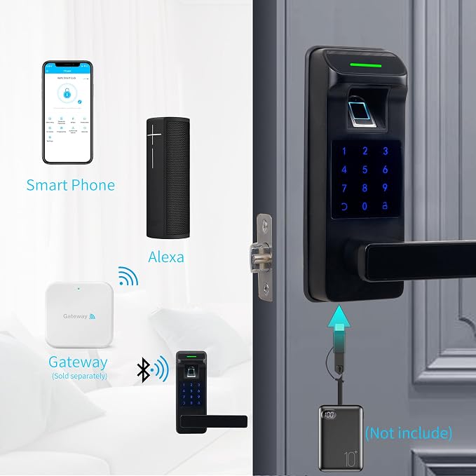 Fingerprint Door Lock, Heavy Duty Full APP Control Touchscreen Keypad Keyless Lock with Reversible Handle, Perfect for Home/Office/Bedroom Doors (Black)