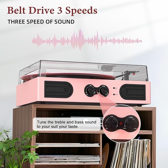 Vinyl Record Player with Built-in Speakers 3-Speed Vintage Record Player Support Treble& Bass Control, 3.5mm Headphone Jack, RCA-Out/Aux in, Belt-Driven LP Turntable,Pink