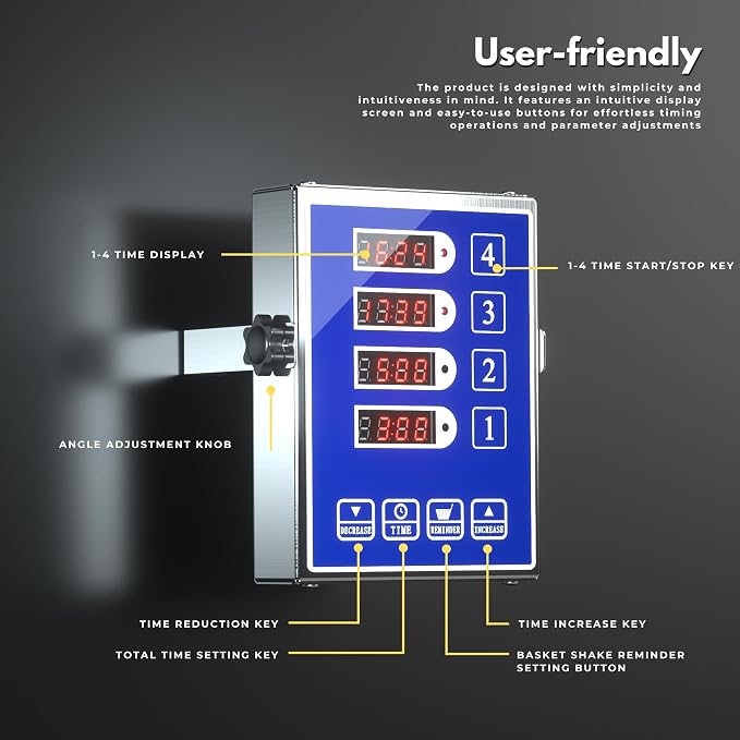 Commercial Kitchen Timer with 4 Channels, Digital Timer for Cooking, Loud Alarm Volume +/-, Food Truck Restaurant Supplies, Heavy Duty Stainless Steel Large Timers, Waterproof Panel & Memory Function
