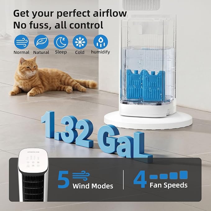 Antarctic Star Windowless Evaporative Air Cooler, Portable Air Conditioner with 80° Oscillation, Fast Cooling 4 Speeds 3 Modes, Ice Packs & Aromatherapy Pad for Bedroom/Office/Indoor Use