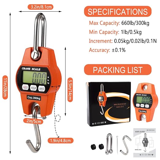 660lb/300kg Digital Crane Scale - Compact LCD Handheld Hanging Scale for Garage, Farm, Hunting, Fishing & More(300kg/Aluminium Alloy/Orange)
