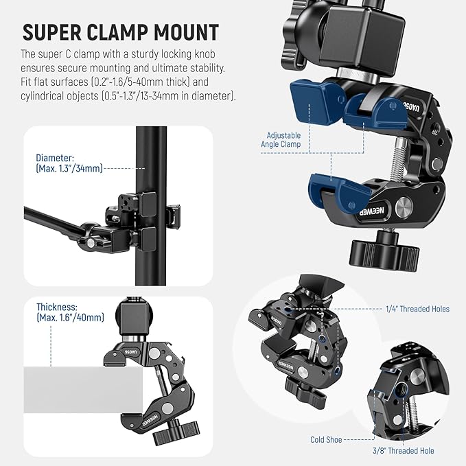 NEEWER 30" Articulating Magic Arm with Super Clamp/Action Cam Mount/Phone Holder, Overhead Camera Desk Mount Mic Boom Stand, Compatible with GoPro iPhone DSLR Webcam Microphone Video Recording, UA056