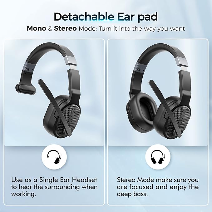 COSMUSIS Trucker Bluetooth Headset, Wireless Headsets with Noise Cancelling Microphone, Long Battery Life Bluetooth Headphones with Detachable Earpad/Single+Dual Mode for Office/Driving/Home