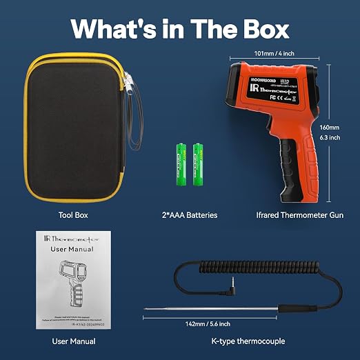 Infrared Thermometer Gun, Include K-Type Probe for Humidity, -58°F to 1796° F Digital Laser Temperature Gun for Cooking, 16:1 IR Temp Gun for Griddle, Pizza Oven, Engine, HVAC, Industrial & Home Use