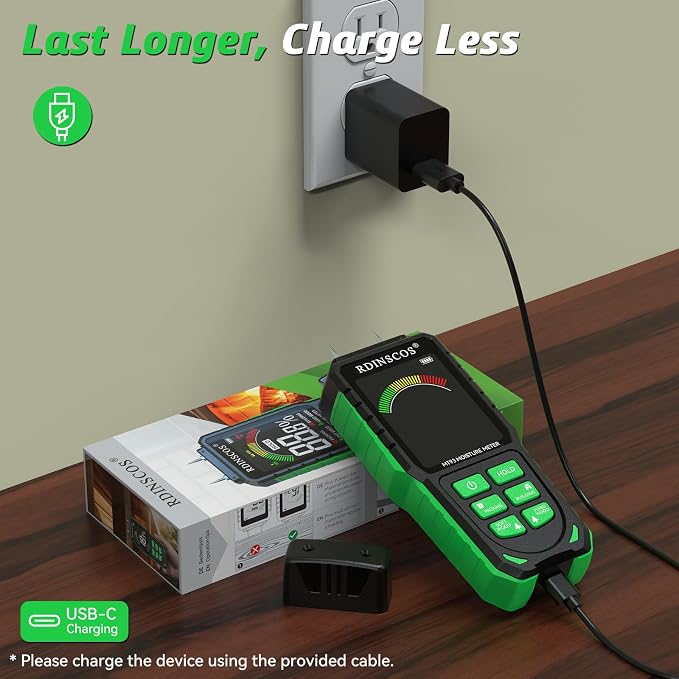 RDINSCOS Rechargeable Moisture Meter for Wood, Walls & Hardwood | Pin-Type Digital Moisture Tester, Large Color Display, Automatic Alarm, Calibration & HOLD Function for Firewood,Lumber