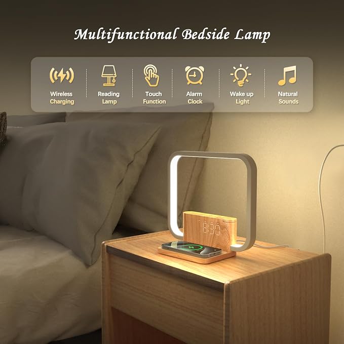 Sunrise Alarm Clock for Heavy Sleepers with Wireless Charger, Wake Up Light, Sleep Aid with 10 Nature Sounds for Bedroom, White Noise Sound Machine for Adults, 3 Way Dimmable Touch Table Lamp