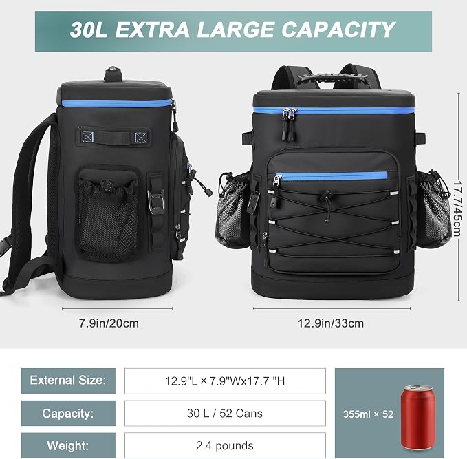 Large 52cans Cooler Backpack, Insulated, Waterproof, Leak Proof, 30L Large Capacity