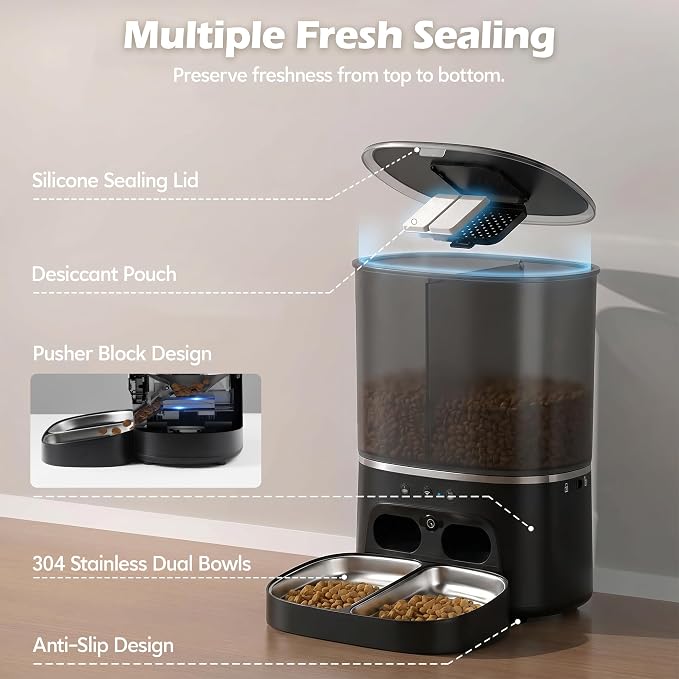 Automatic Cat Feeder with Camera, Automatic Dog Feeder Dry Food, 8L Dual Hopper Auto Cat Food Dispenser, 1080P HD Video with Night Vision/2-Way Audio/APP, 5G WiFi Pet Feeder with Low Food Tray-Black