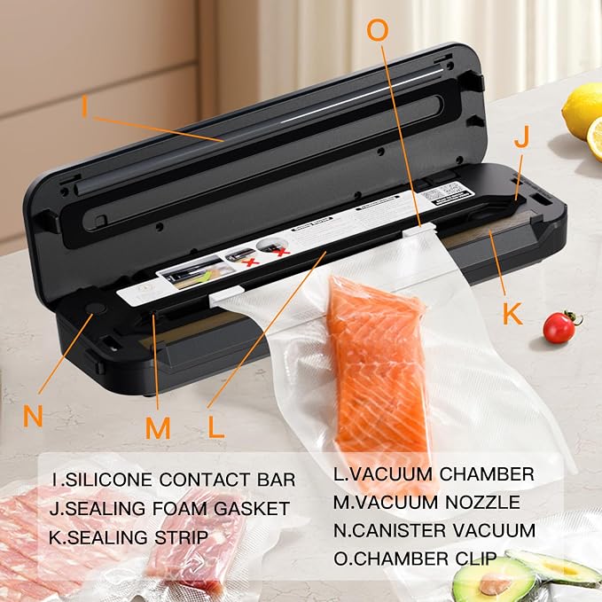 MEGAWISE Food Sealer w/Premium Kit with Accessory Hose for Wide and Regular Mouth Sealer, Dry & Moist Food Modes, Compact Design with 10 Vacuum Bags & 20 Mason Tin Lids. (Plus)