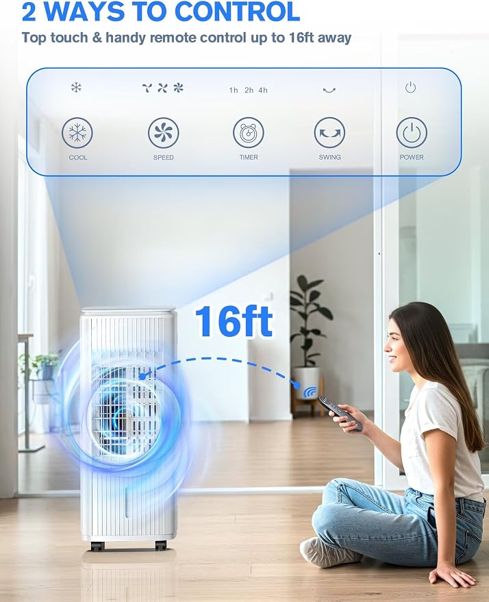 Portable Air Conditioners, 3-IN-1 Evaporative Air Cooler w/ 4 Ice Packs, 3L Water Tank, 7H Timer for Auto-Off, Swamp Coolers Portable Ac with 70° Oscillation,for Room Bedroom Office, White