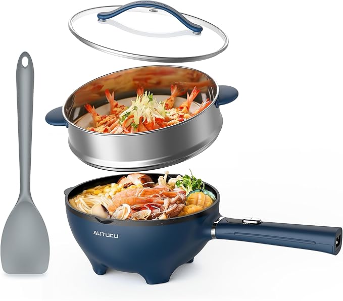AUTUCU 3-Quart Electric Hot Pot & wok Nonstick with Steamer | Electric Skillet 1200W for Dorm, Home, Gifts (Includes Silicone Spatula) Multi-Cooker