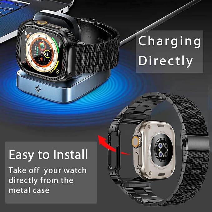 MioHHR Stainless Steel Band and Case Compatible with Apple Watch Band 49mm, Men Metal Protective Bumper Cover for iWatch Series Ultra 3/2/1, Black Pattern