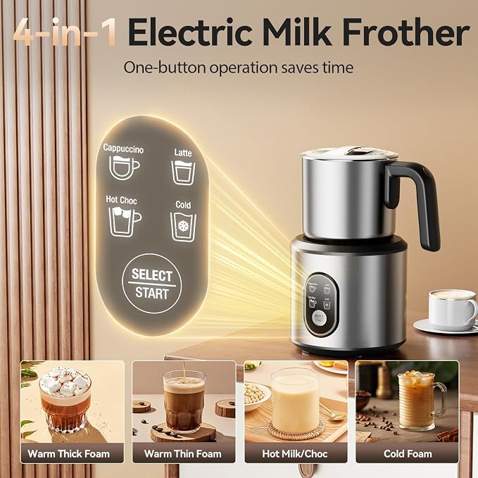 Milk Frother and Steamer, 4-in-1 Automatic Electric Milk Frothers, 24oz Detachable Stainless Steel Jug with Latte Art Spout, Hot & Cold Foam Maker for Coffee, Lattes, Cappuccinos