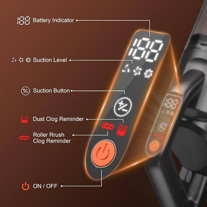 Zefiro Cordless Vacuum Cleaner, 600W 50KPA 55Mins Vacuum Cleaners for Home, Stick Vacuum with LED Display, Anti-Tangle, Wall Mount, Lightweight, Rechargeable Wireless Vacumm for Pet Hair (Orange)