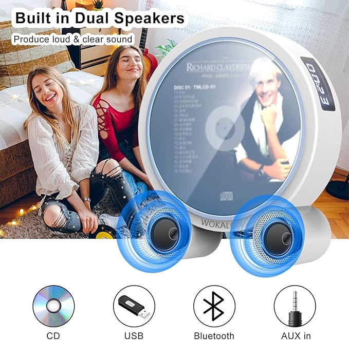 WOKALON Desktop Vertical CD Player Portable with Bluetooth for Home with LCD Screen Display Built in HiFi Speakers Support Timed Music ON/Off FM USB SD