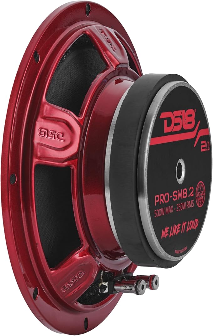 DS18 PRO-SM8.2 8" Slim Loudspeaker – 8”, Midrange, Red Steel Basket, 500W Max Power, 250W RMS, 2 Ohms - Premium Quality Audio Speakers – IP66 Water Resistance, Perfect for Motorcycle Applications