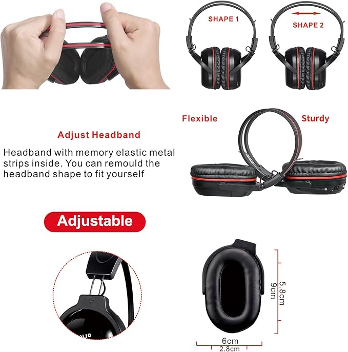 SIMOLIO 2 Pack IR Wireless Headphones for in Car TV Video Audio Listening, Not Bluetooth, 2 Channel Car DVD Headphones for Kids, Universal Infrared Headsets for Headrest Video System, AUX Cord
